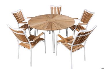 Teak ø130 cm havebord med 5 stole hvidt aluminiumsstel.